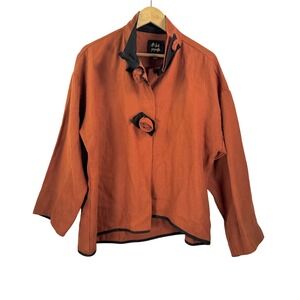 A La Mode Jacket XL Terracotta Linen Rosette Button Artsy lagen boho 90s